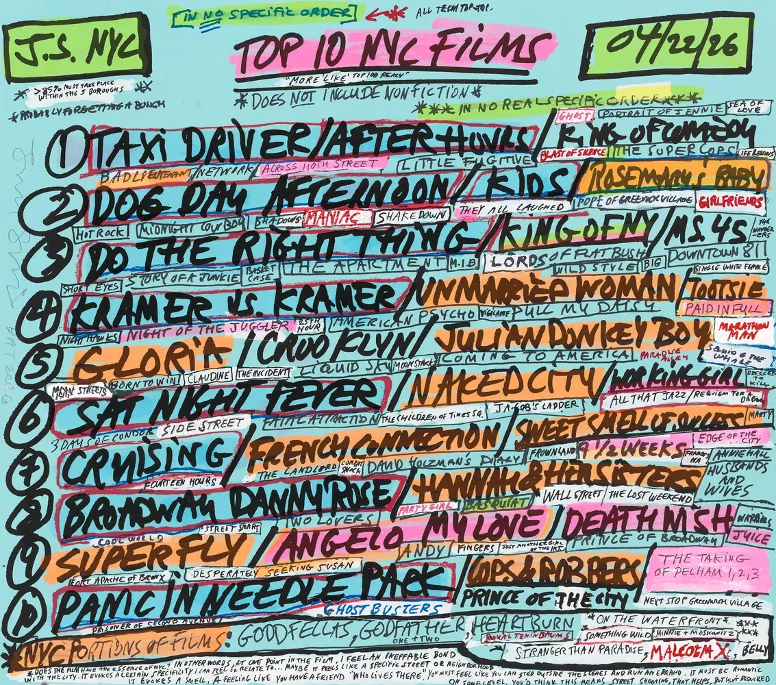Top 10 NYC Films, 2026 20 color silkscreen with collage, rubber stamp, crackle paint, enamel and hand painting 39 x 44 1/4 inches Edition of 50