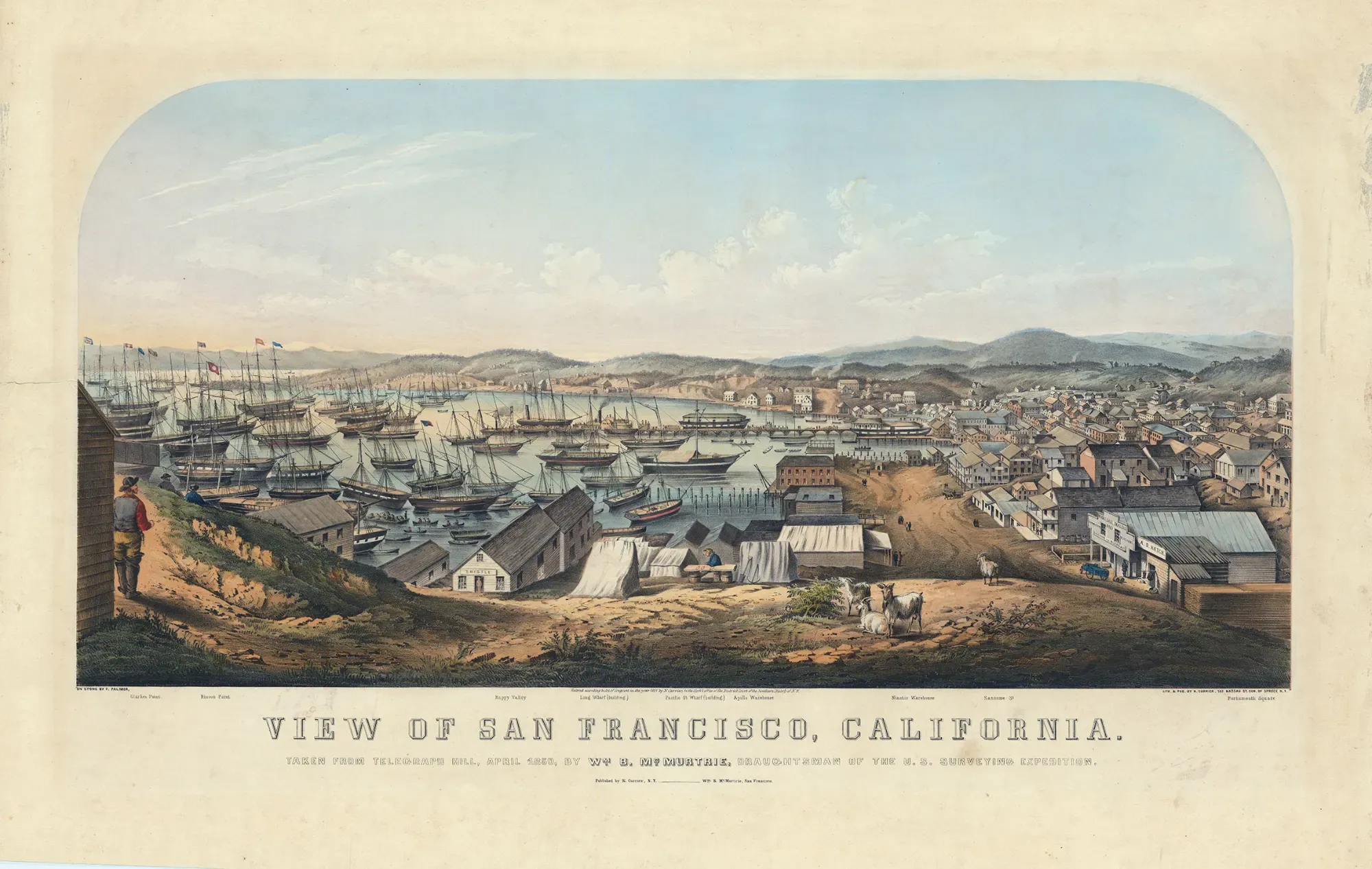 Fanny F. Palmer, View of San Francisco, California.  Taken from Telegraph Hill.  Two-color lithograph handcolored, 1851.  Large folio - image size 14 15/16 x 29 15/16" (38 x 76.1 cm).