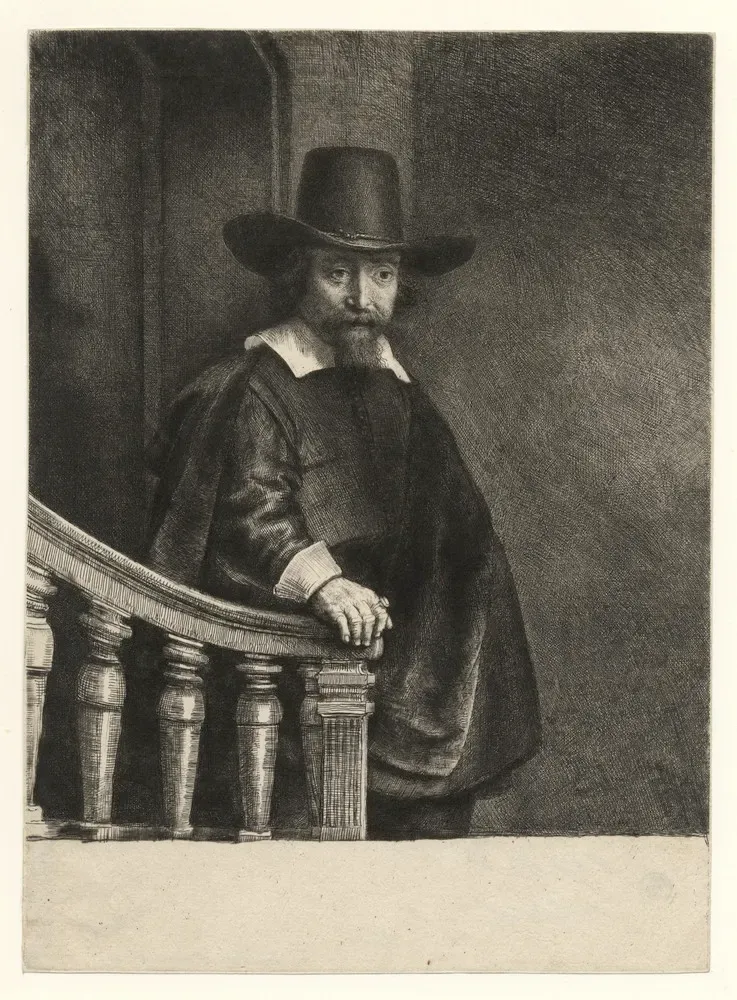 A work by Rembrandt Harmensz. van Rijn 1606 Leiden Amsterdam 1669 Ephraim Bonus, Jewish physician 1647 etching, engraving, and drypoint; 240 x 177 mm. Bartsch 278, White-Boon second (final) state; Hind 226; The New Hollstein 237 second (final) state provenance Hermann Weber, Bonn (Lugt 1383) Ferdinand, Prince of Saxe-Coburg and Gotha and King of Portugal (Lugt 968) C.G. Boerner, Neue Lagerliste 54 (1974), no. 33 (our stock no. in pencil verso 8356) private collection, Germany Ephram Hezekiah Bueno (15991665), usually referred to by his Latinized name Bonus, was a physician and writer who came from a Sephardic-Jewish family. He was a renowned doctor and at the same time wrote poems in Spanish. He was also a supporter of Samuel Menasseh ben Israel who lived across the street from Rembrandt and might have introduced Bonus to the artist. The imposing portrait print was executed in the same year as Rembrandt's prints of Jan Asselijn and Jan Six. All three have in common that they depict their sitters standing. What is exceptional with regards to Rembrandt's working process is that the print was neither based on a preliminary drawing nor was it executed directly on the plate. Instead, it was prepared as a small panel painting of identical size. This impression is mentioned in Lugt as one of the “meilleures pieces” sold in Hermann Weber’s sale (1856).