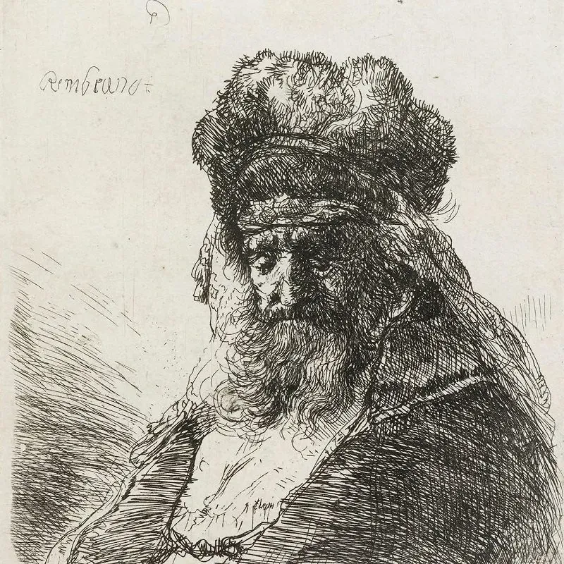 Old Bearded Man in a High Fur Cap, with Eyes Closed by Rembrandt Harmensz van Rijn