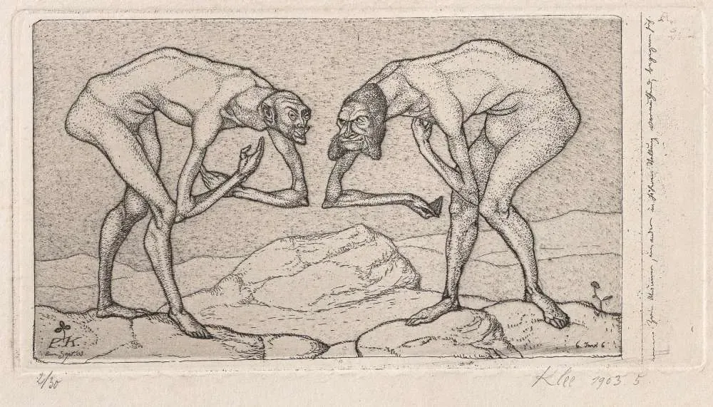 ZWEI MÄNNER, EINANDER EINANDER IN HÖHERER STELLUNG VERMUTEND, BEGEGNEN SICH - INVENTION 6 by Paul Klee