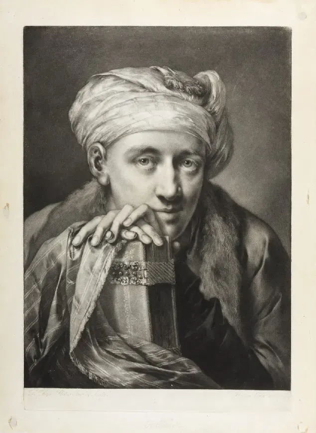 Young Man Wearing a Turban, his hands resting on an elaborately Bound Book by Thomas Frye