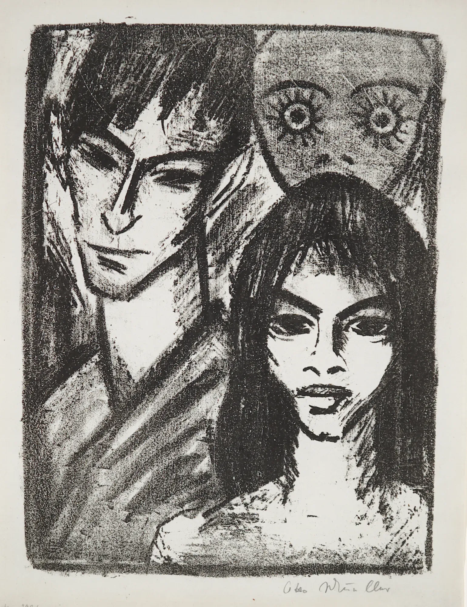 Selbstbildnis mit Modell und Maske (Self-portrait with model and mask) by Otto Mueller