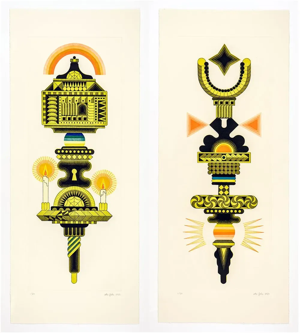 (l): “Two of Wands (Facing)”; (r): “Two of Wands (Future)” by Edie Fake