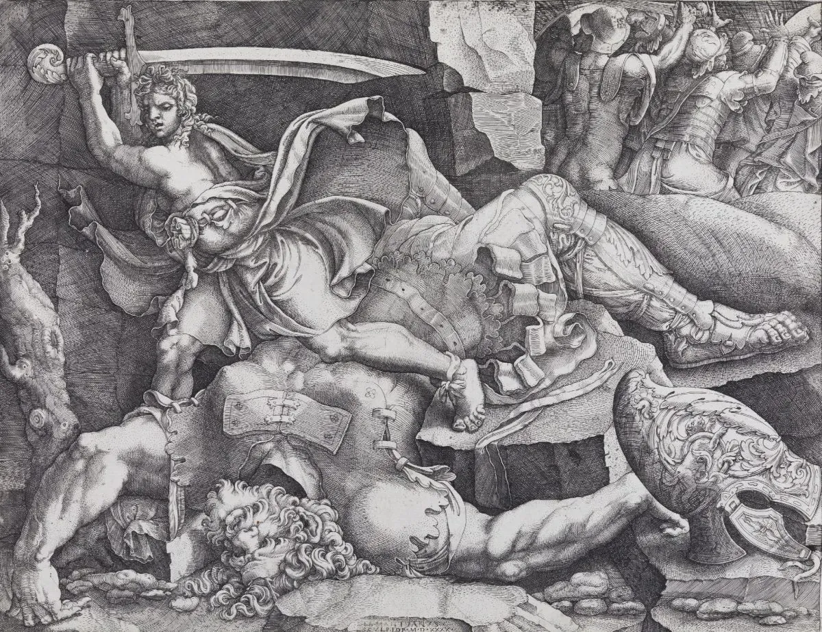 David Cutting Off the Head of Goliath (after Giulio Romano) by Giovanni Battista Scultori, Italian (1503 - 1575)