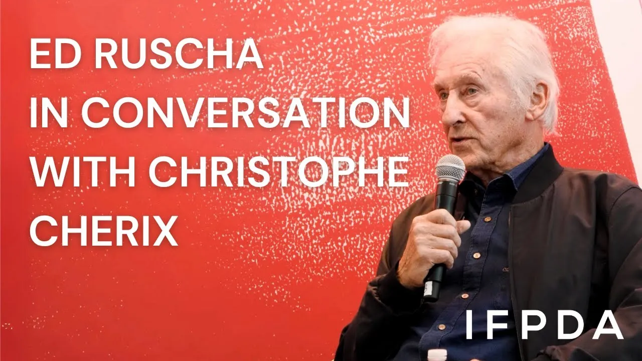 Title frame from the recording of “Ed Ruscha in Conversation with Christophe Cherix.”