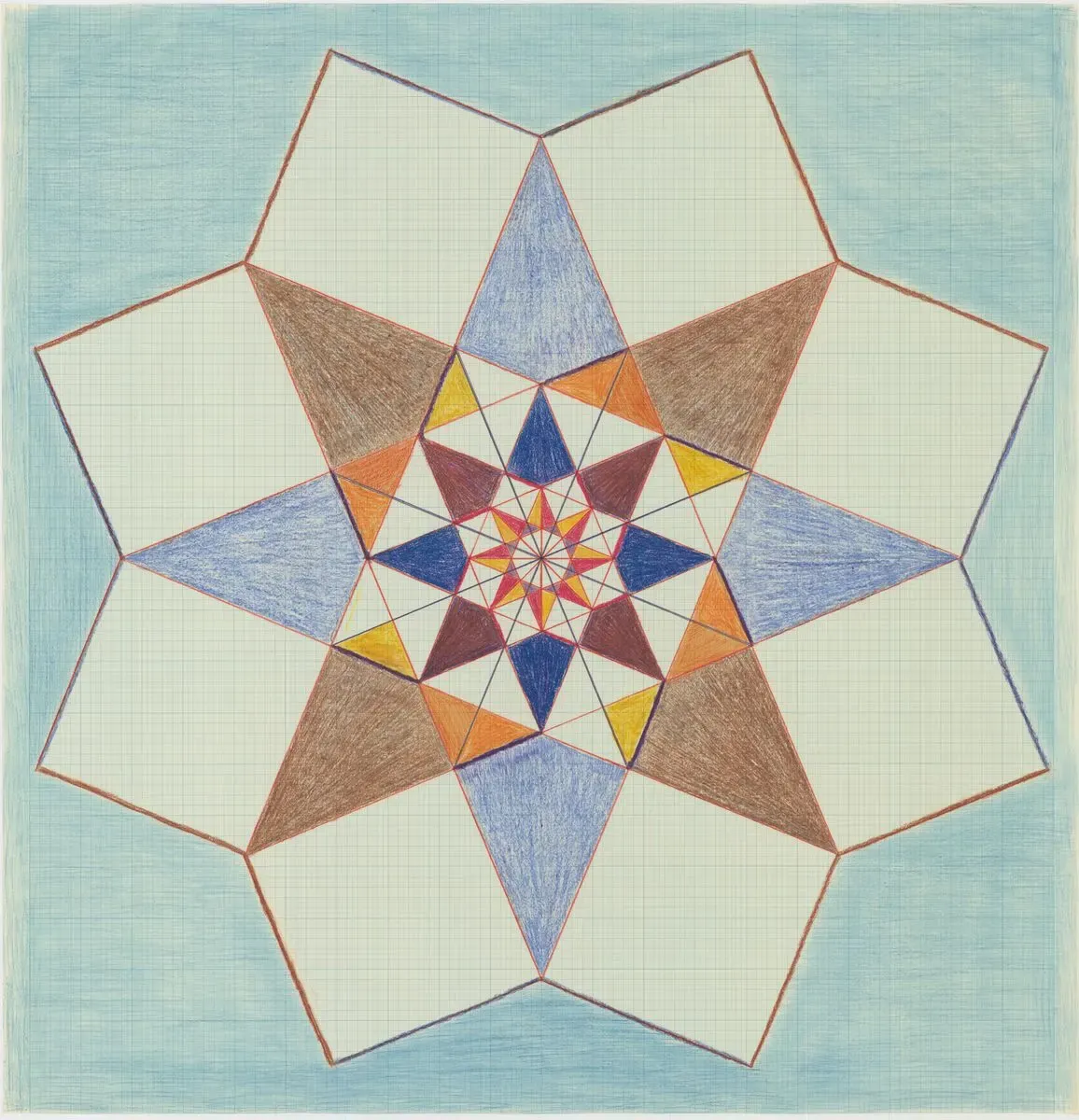 Emma Kunz Untitled (Work No. 285)  Untitled Oil crayon on blue graph paper 107.3 x 104.8 cm / 42 1/4 x 41 1/4 in Courtesy Emma Kunz Centre
