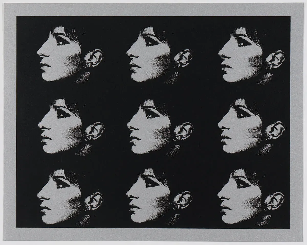 A screenprint of a woman’s head in profile, printed in white and grey on black and repeated nine times in a three-by-three grid.