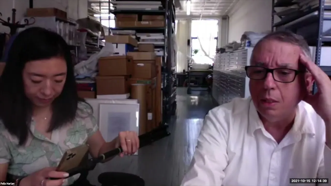 Title frame from the recording of “Harlan & Weaver; A Virtual Studio Visit and Conversation with Felix Harlan & Kiki Smith”