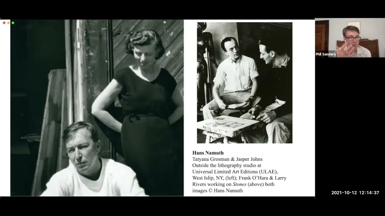 Title frame from the recording of “IFPDA Foundation 2020 Book Award Lecture — Happy Accident: Robert Rauschenberg, Robert Blackburn, & Tatyana Grosman and the Rise of Collaborative Printmaking”