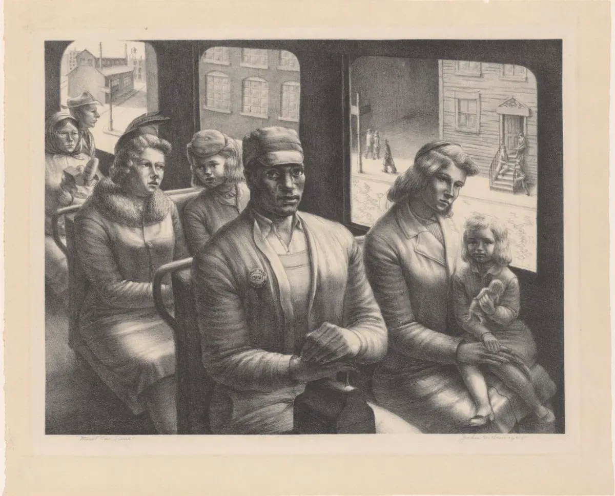 A lithograph of passengers sitting along the inside of a streetcar, a man in a cap at the centre with women and children on either side and a city street visible through the windows behind.