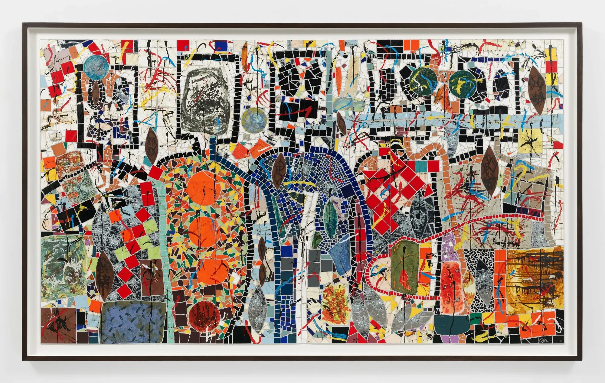 RASHID JOHNSON Untitled (Large Mosaic)  2025 293-color screenprint with collage, wood veneer, paper pulp, and mirrored mylar on Saunders Waterford 425 Natural White Ed. of 36 + 7 AP 154.9 x 266.7 x 1.9 cm / 61 x 105 x 3/4 in