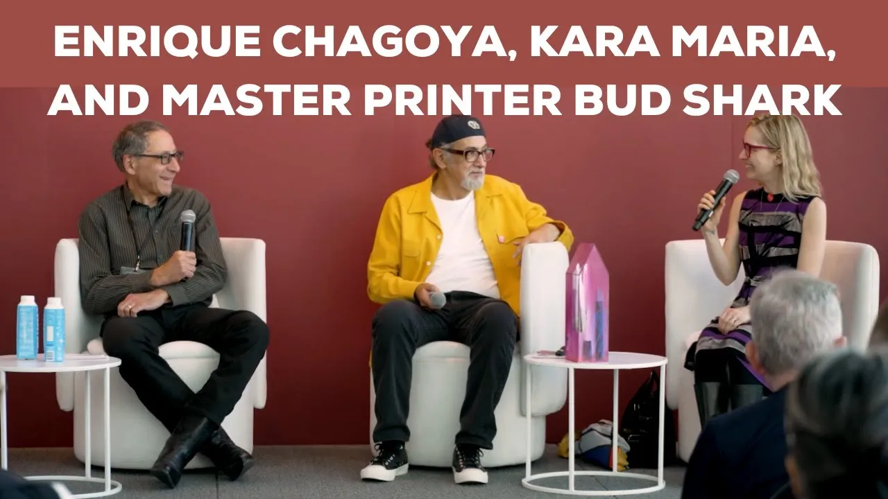 Title frame from the recording of “Jordan Schnitzer Family Foundation Lecture: Enrique Chagoya, Kara Maria and Bud Shark”