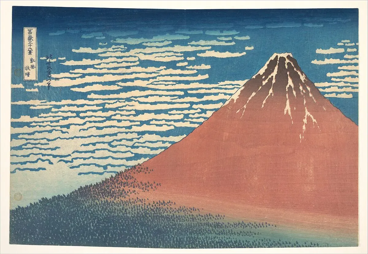 Katsushika Hokusai, 'South Wind, Clear Sky (Gaifū kaisei),' also known as 'Red Fuji,' from the series 'Thirty-six Views of Mount Fuji (Fugaku sanjūrokkei),' ca. 1830–32. Woodblock print; ink and color on paper.