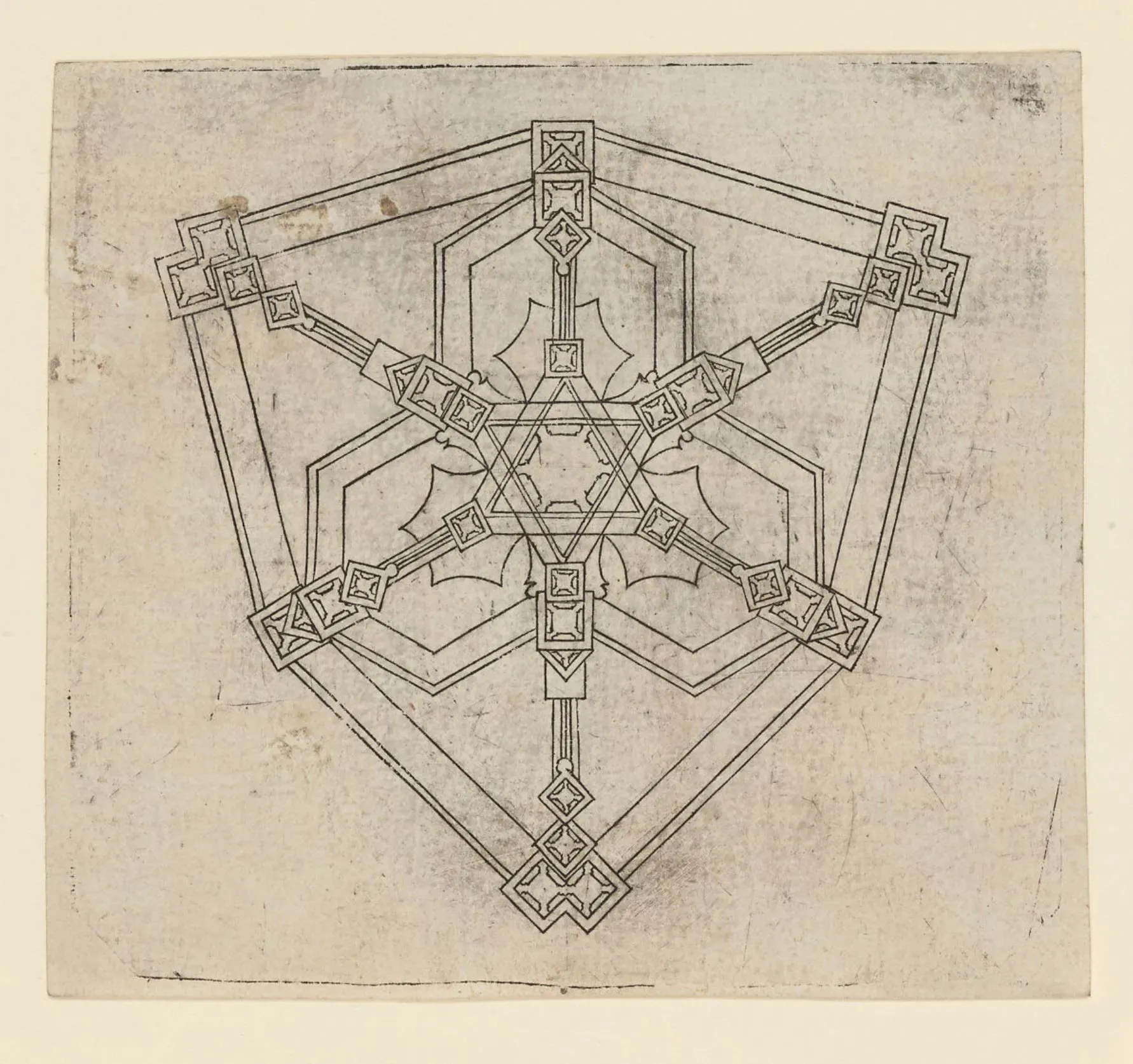 An early engraving of an ornamental design on aged paper: interlocking hexagons and a six-pointed star held inside a shield-shaped outline.