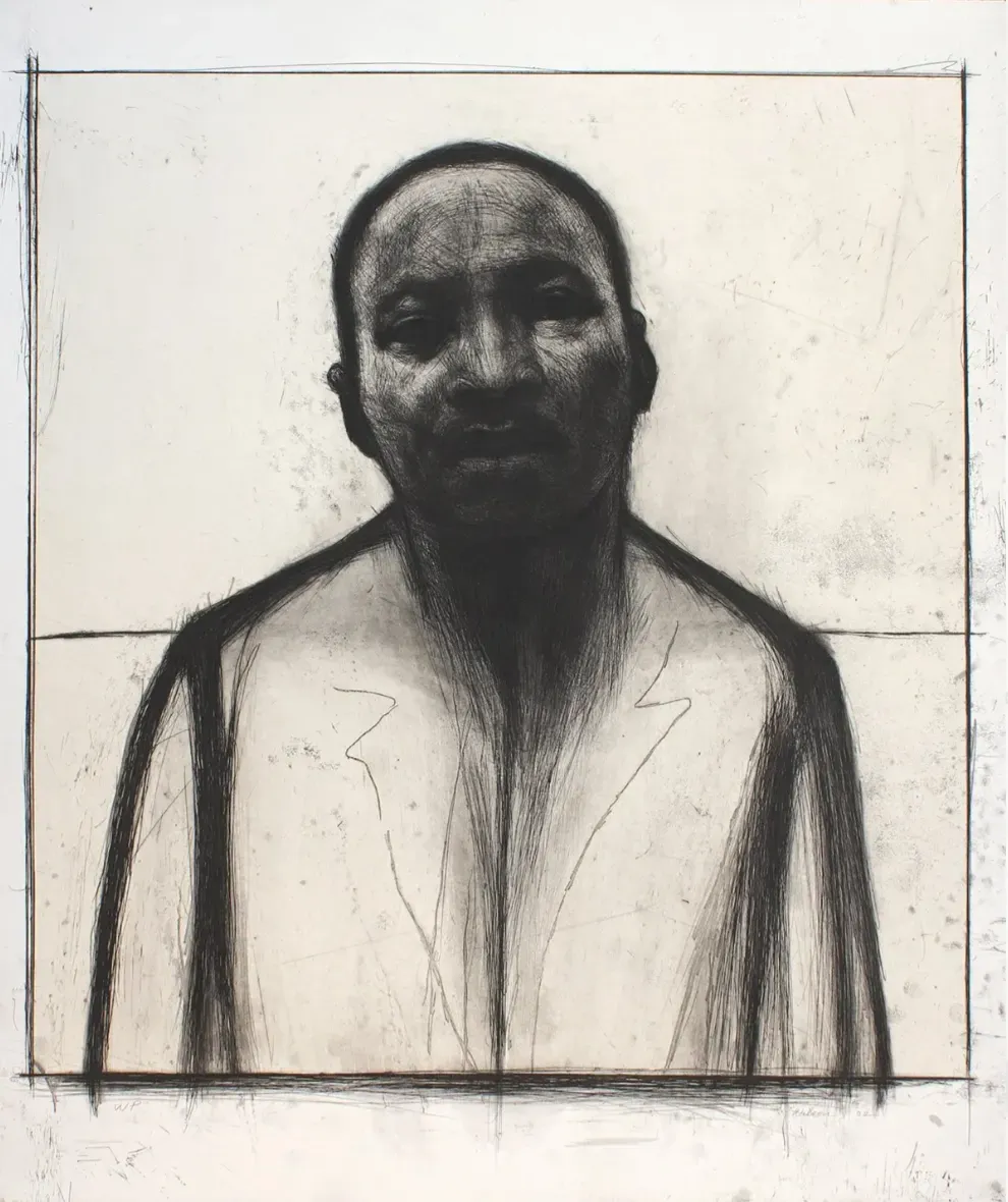 A drypoint portrait of a man facing the viewer, his head and shoulders built up in dense black line against a pale ground.