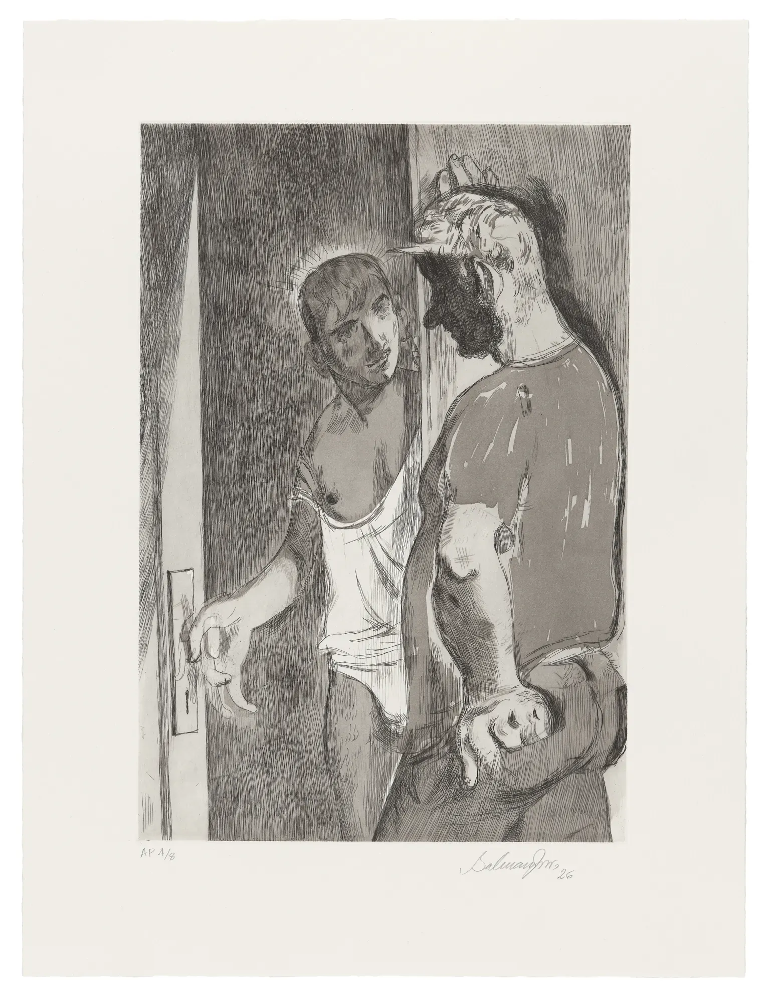 Salman Toor, Night Visitor, 2026, Intaglio, 25 1/8 x 19 inches, Edition of 25.