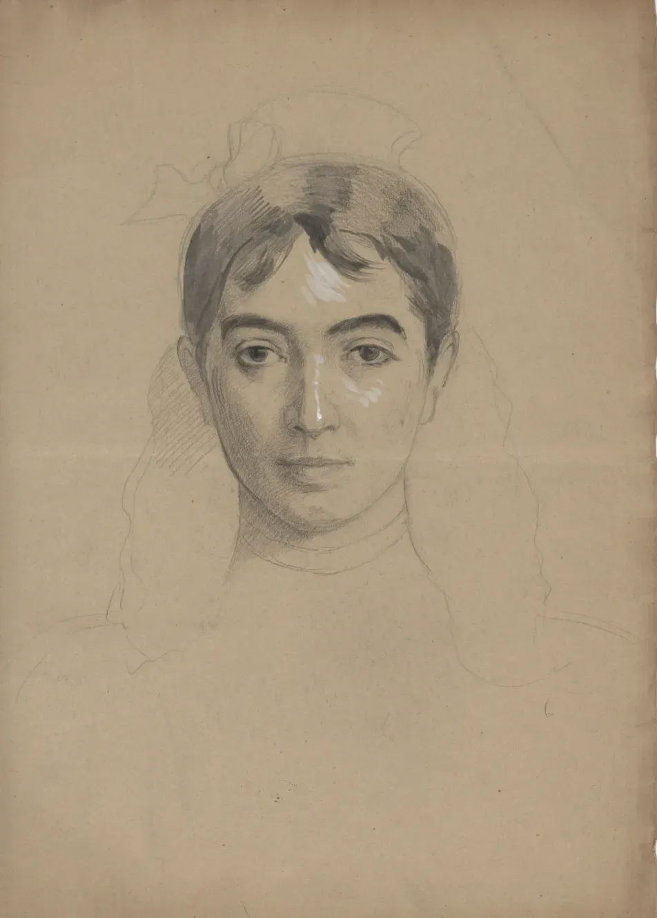 Marie Bracquemond, Self-portrait, ca. 1870. Charcoal, brown wash, and white gouache, 21 1/4 × 14 15/16 in. (54 × 38 cm). Purchase, The Elisha Whittelsey Collection, The Elisha Whittelsey Fund, 2024 (2024.622a)