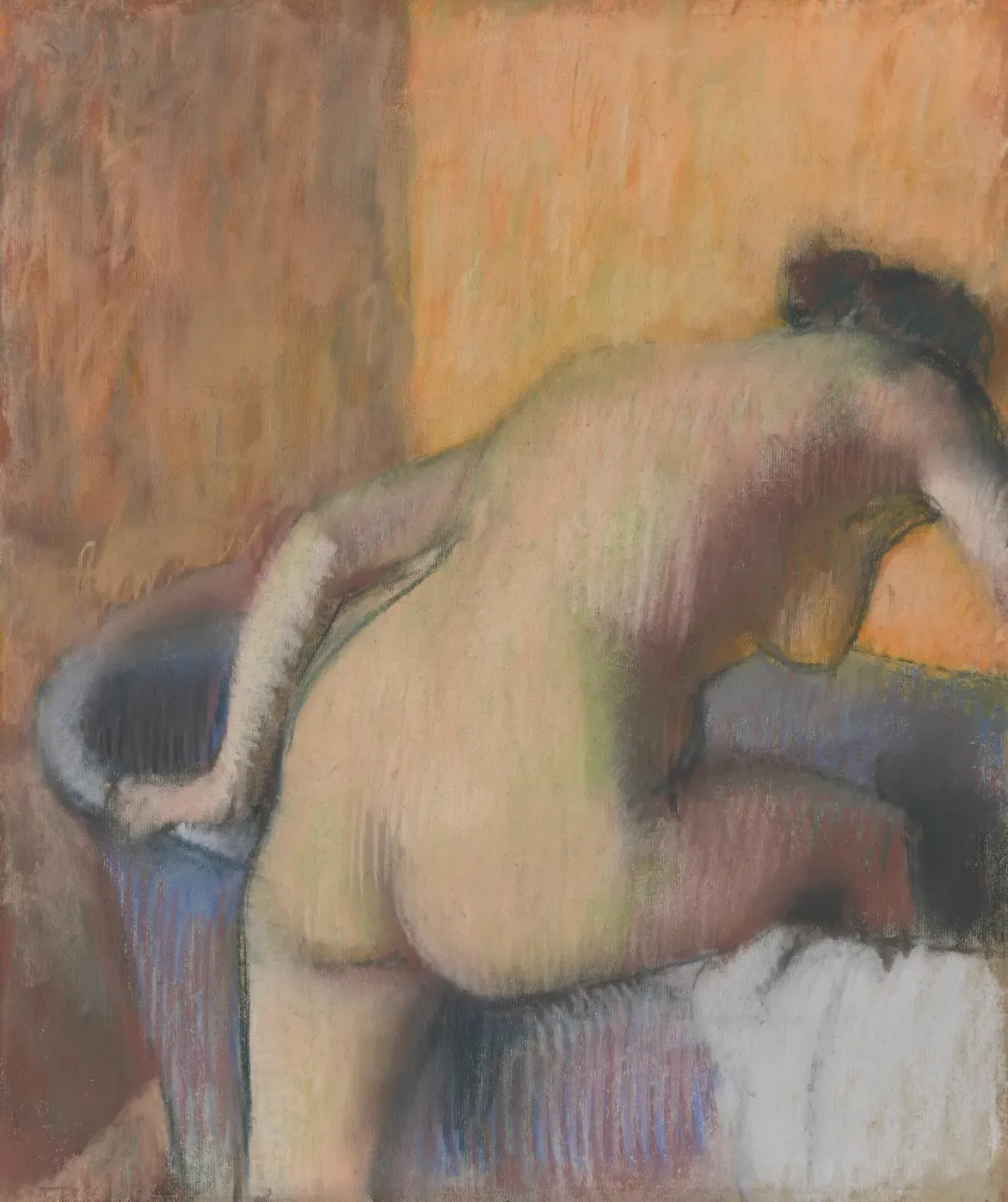 Edward Degas, 'Bather Stepping into a Tub', ca. 1890. Pastel and charcoal on blue laid paper, mounted at perimeter on backing board.