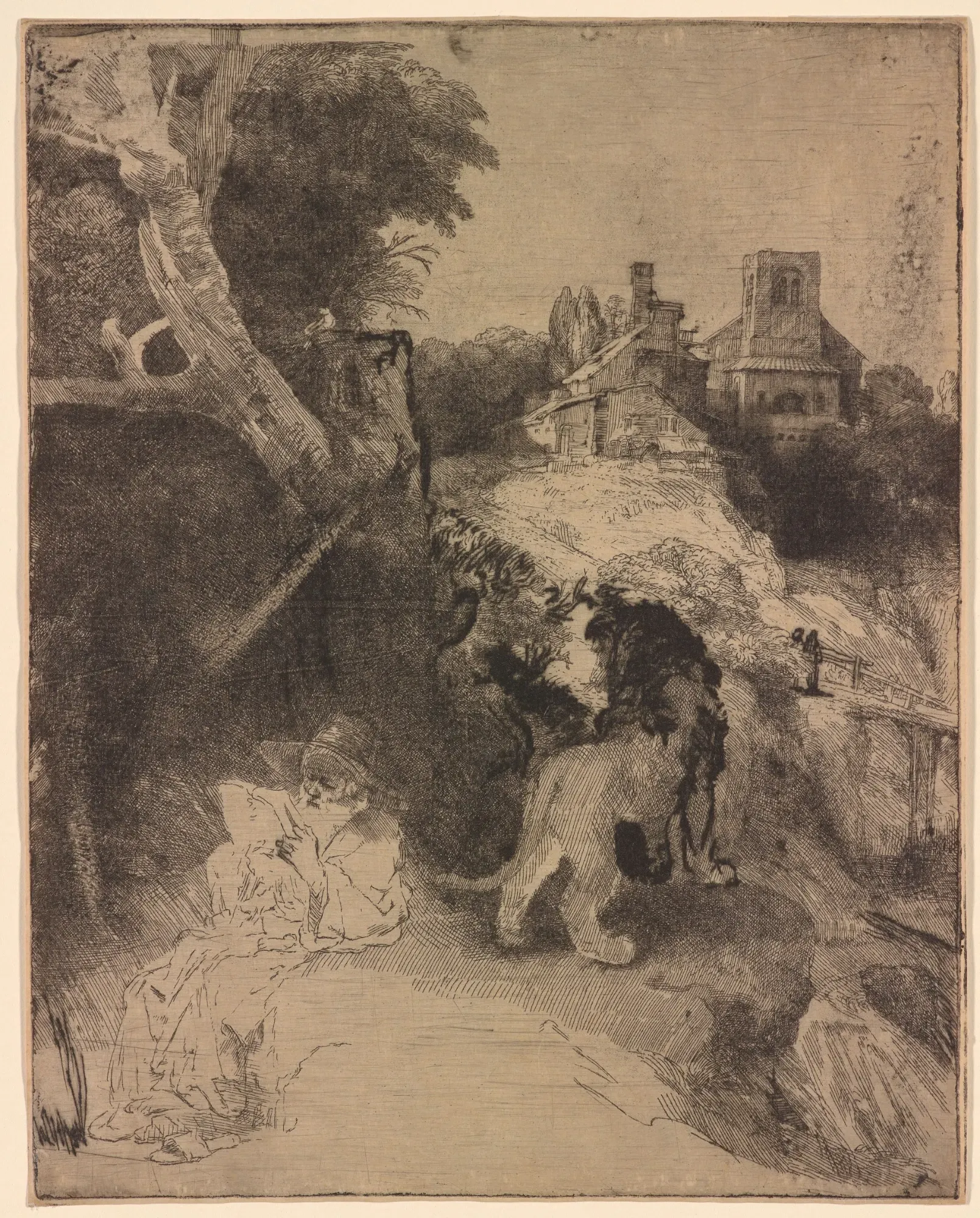 Rembrandt Harmenszoon van Rijn (1606-1669). St. Jerome Reading in an Italian Landscape, ca. 1653. Etching and drypoint, printed on Japan paper.
