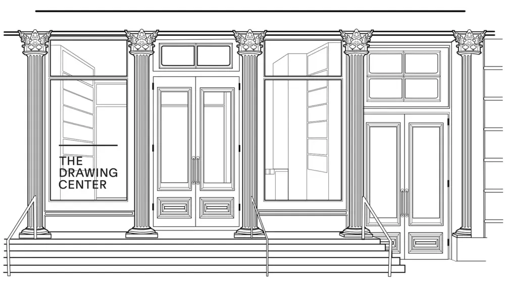Line drawing of The Drawing Center’s cast-iron facade on Wooster Street: fluted columns, tall shopfront windows and double doors up a short flight of steps.