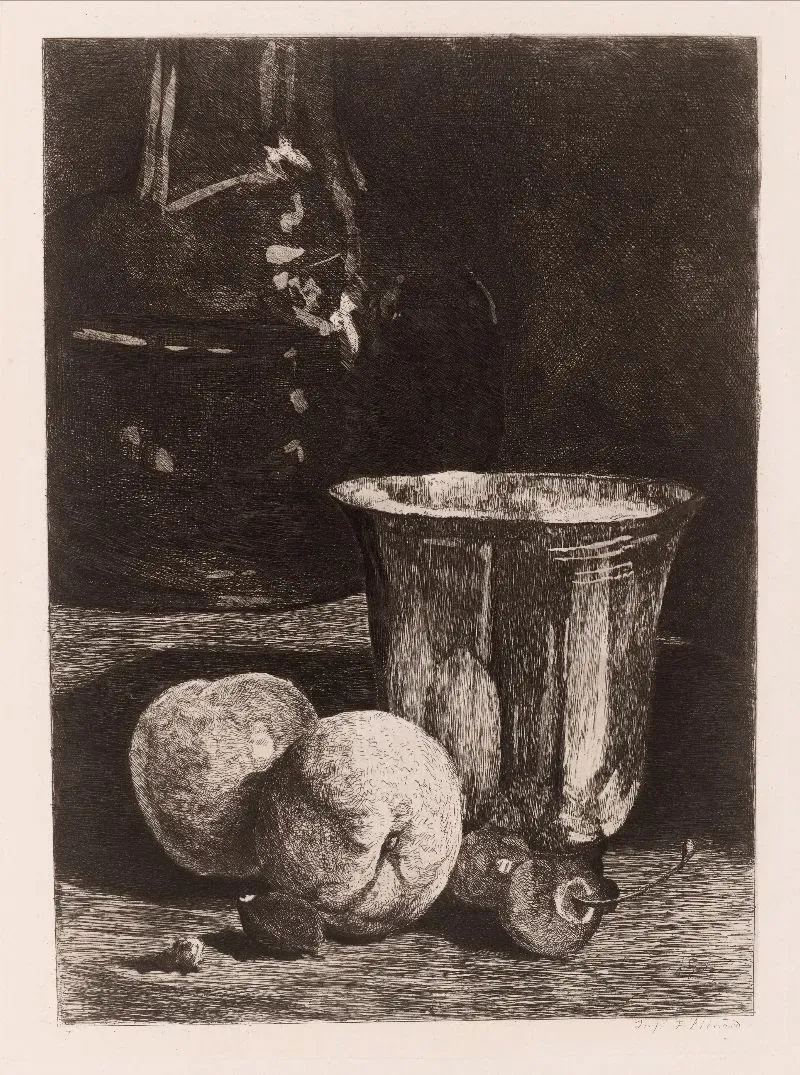 An etched still life: a tall silver beaker beside two peaches and a fig on a table, with a large dark vessel behind them.