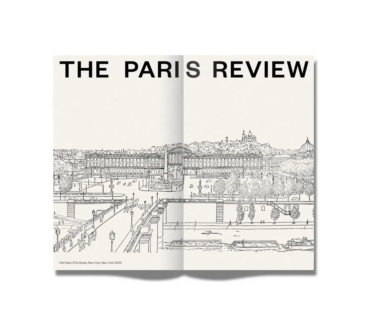 An open spread of The Paris Review with the magazine’s name across the top and a line drawing of the Place de la Concorde and the Seine below.