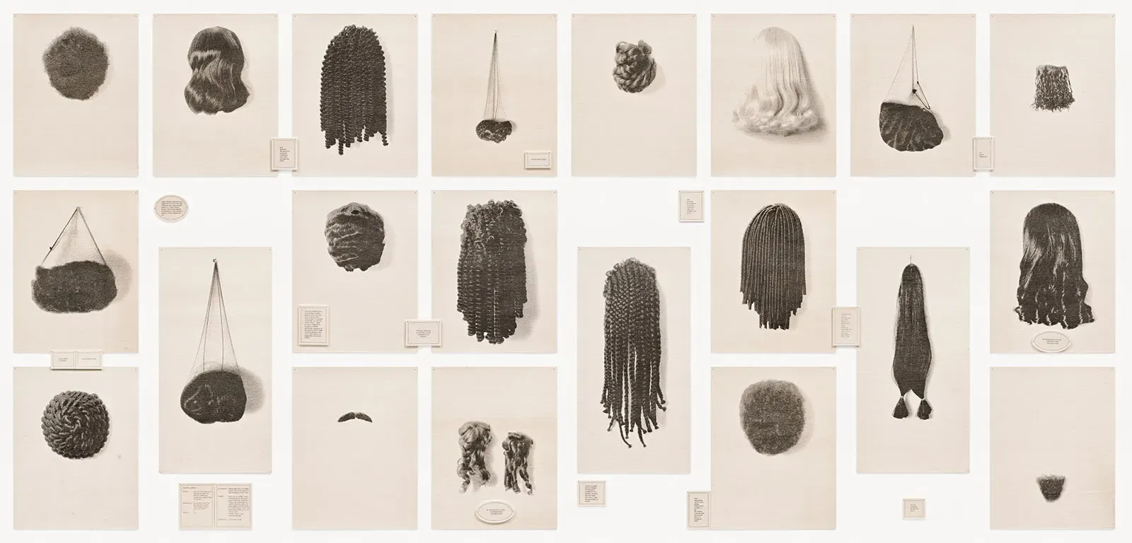 Lorna Simpson, Wigs, 1994. Set of 38 lithographs on felt (21 photographic, 17 text-based).