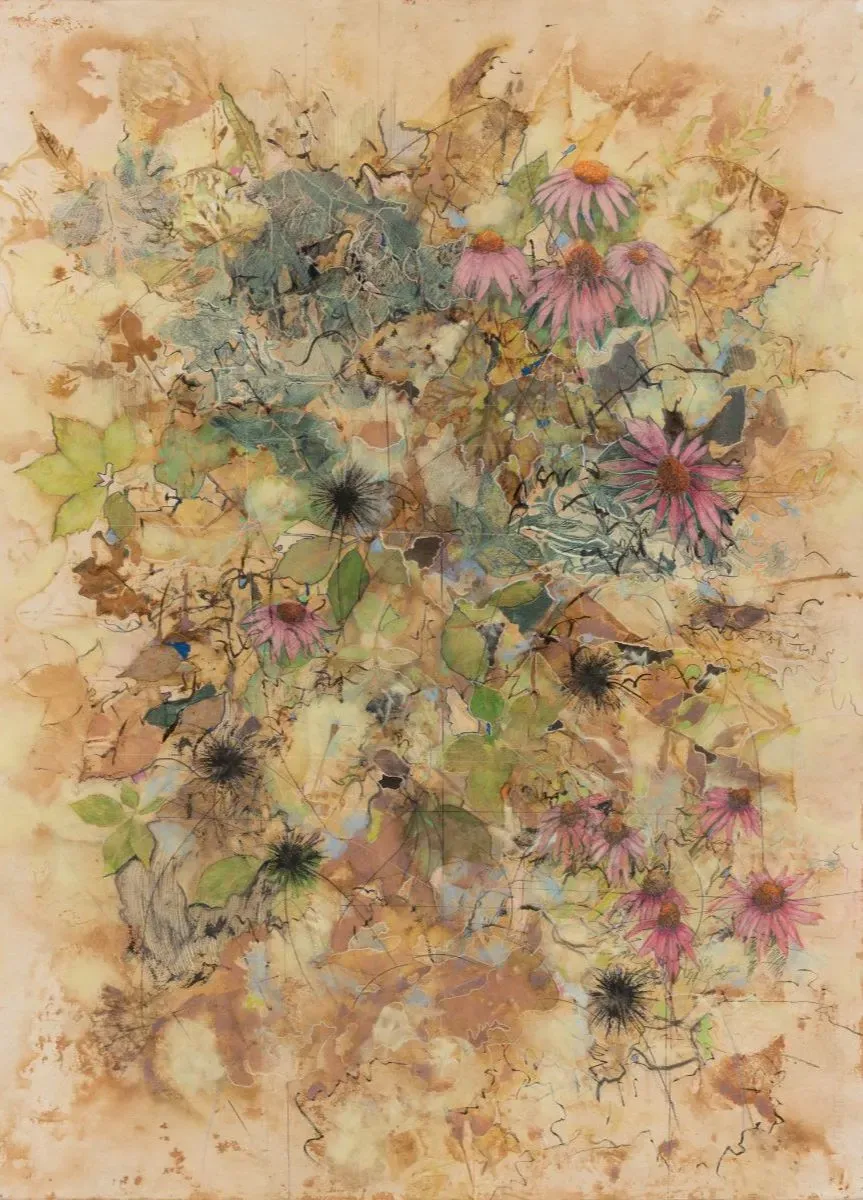 The Skies Were in Blossom 1 (Echinacea), 2026, Eco print, collage, ink, markers, color pencils, graphite on Hahnemuhle paper, 41 ½ x 30 inches