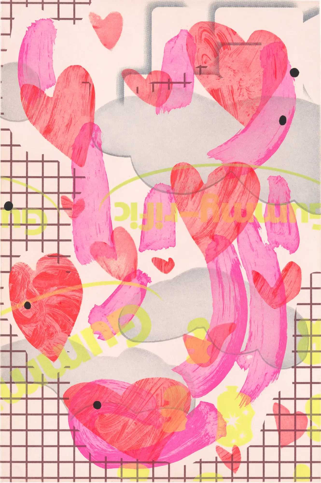 Laura Owens Color sugar lift and soap ground aquatints with aquatint, direct-to-plate aquatint and glitter paper appliqué. Image copyright Laura Owens/Courtesy the artist