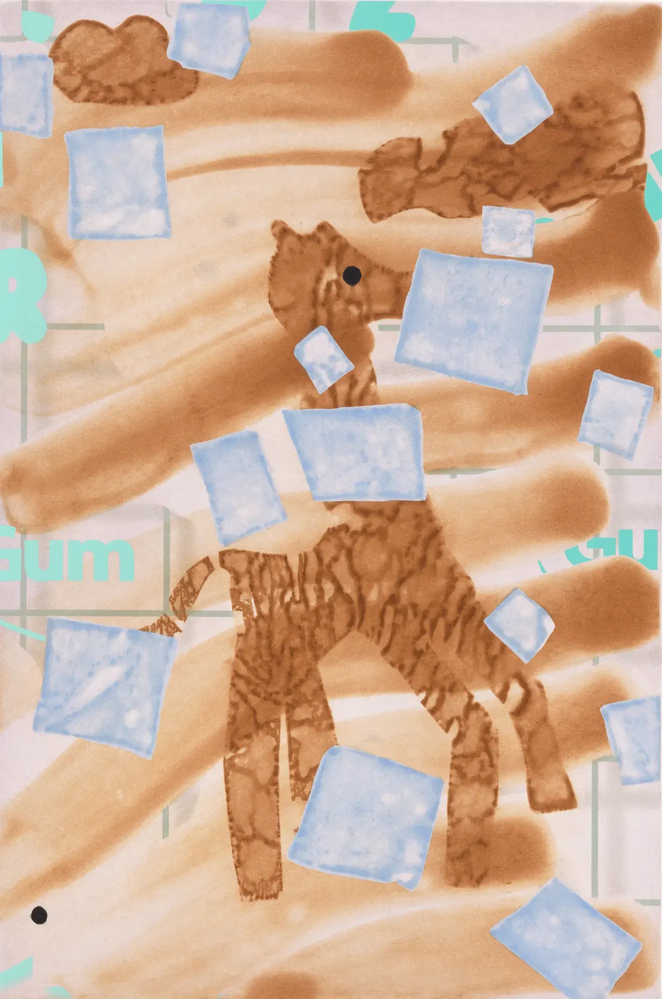 Laura Owens Color spit bite aquatint with aquatint, direct-to-plate aquatint, 2-color screenprint and bookcloth appliqué. Image copyright Laura Owens/Courtesy the artist.