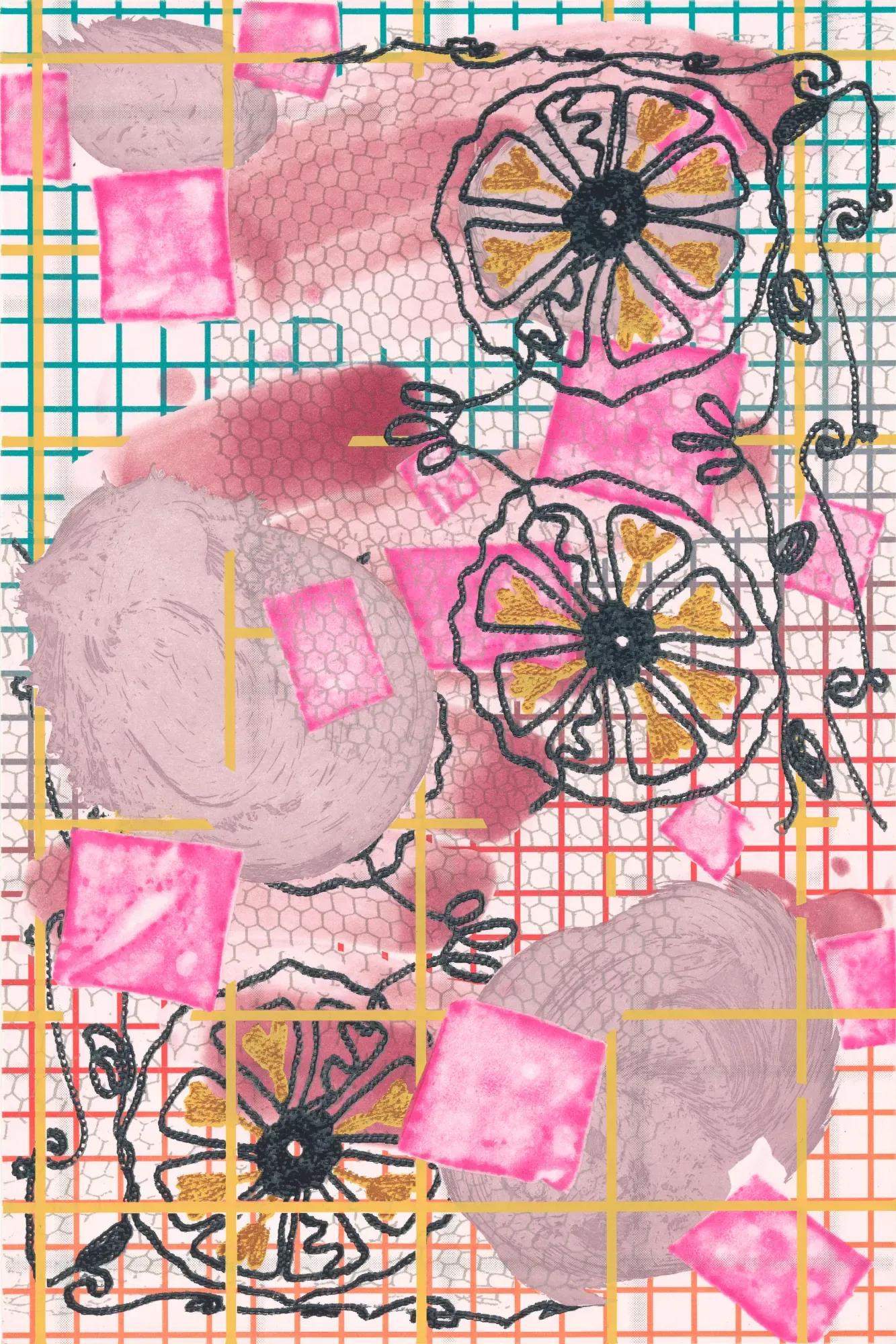 Laura Owens Color spit bite, sugar lift and soap ground aquatints with aquatint, direct-to-plate aquatint and 7-color screenprint. Image copyright Laura Owens/Courtesy the artist.