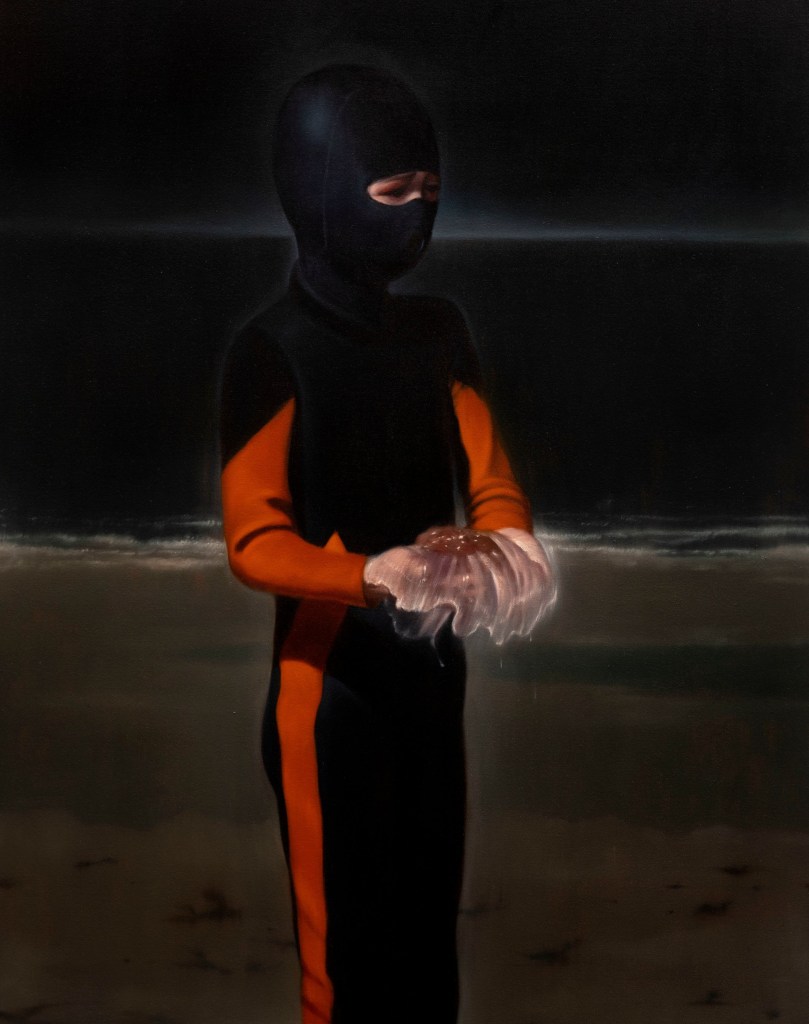 fine art painting image of masked boy in black and red jumpsuit holding a seas creature on the beach by artist Ken Currie titles seas creatures