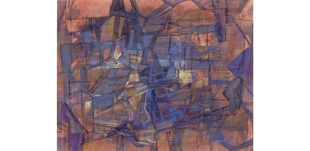 Abstract image blue and orange hues. created by Francis Bott and titled Ondes