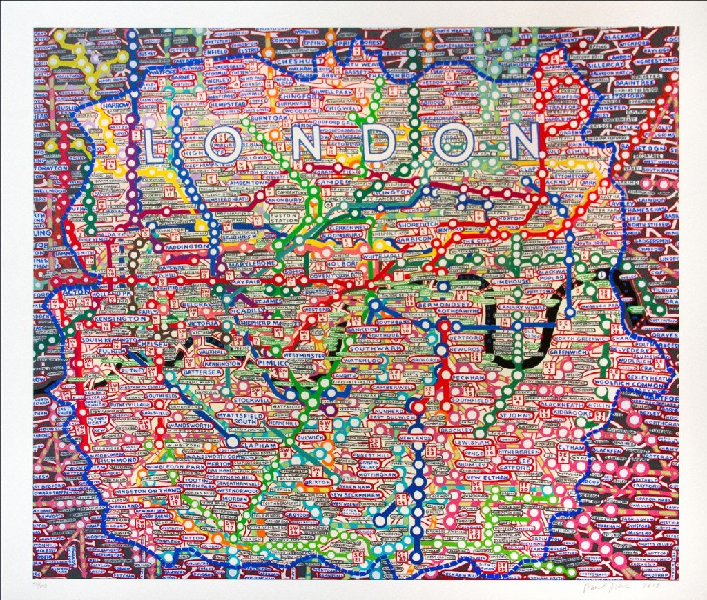 fine art print screenprint image of a map of london by Paula Scher, London, Screenprint in coulour, 2018