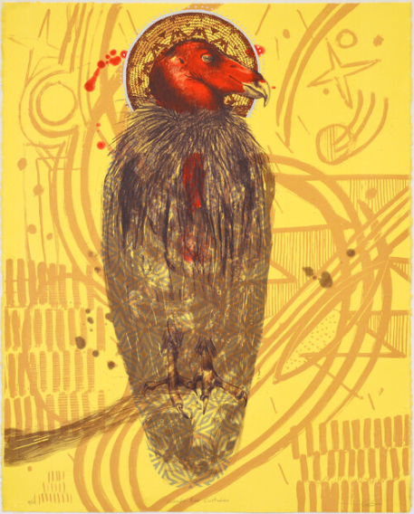 fine art print image of vulture on yellow background by indigenous artist marwin begaye titled columbia river custodian