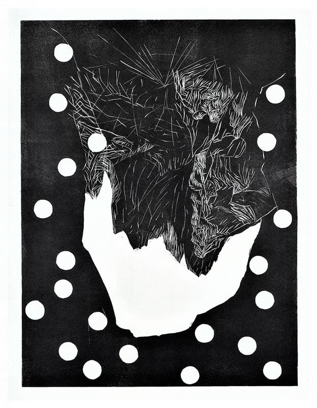 fine art print Georg Baselitz, Indianergrab. 2002, linocut, on paper, 201 x 150 cm on 228 x 170 cm.