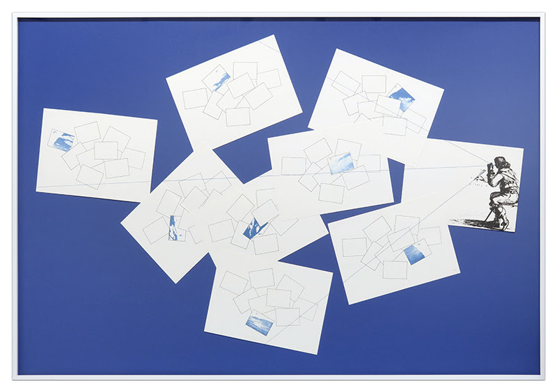 fine art print with envelopes on blue background by Giulio Paolini, Nove particolari in due tempi (Nine Details in Two Stages), 1984 Pencil and silkscreen on nine sheets of paper, edition of 60