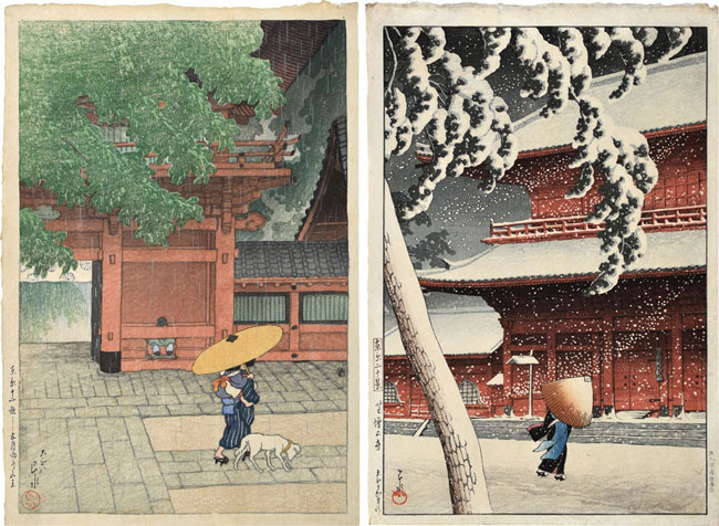 two japanese prints depicting a woman with an umbrella. one is in warm weather the other is during a winter storm.