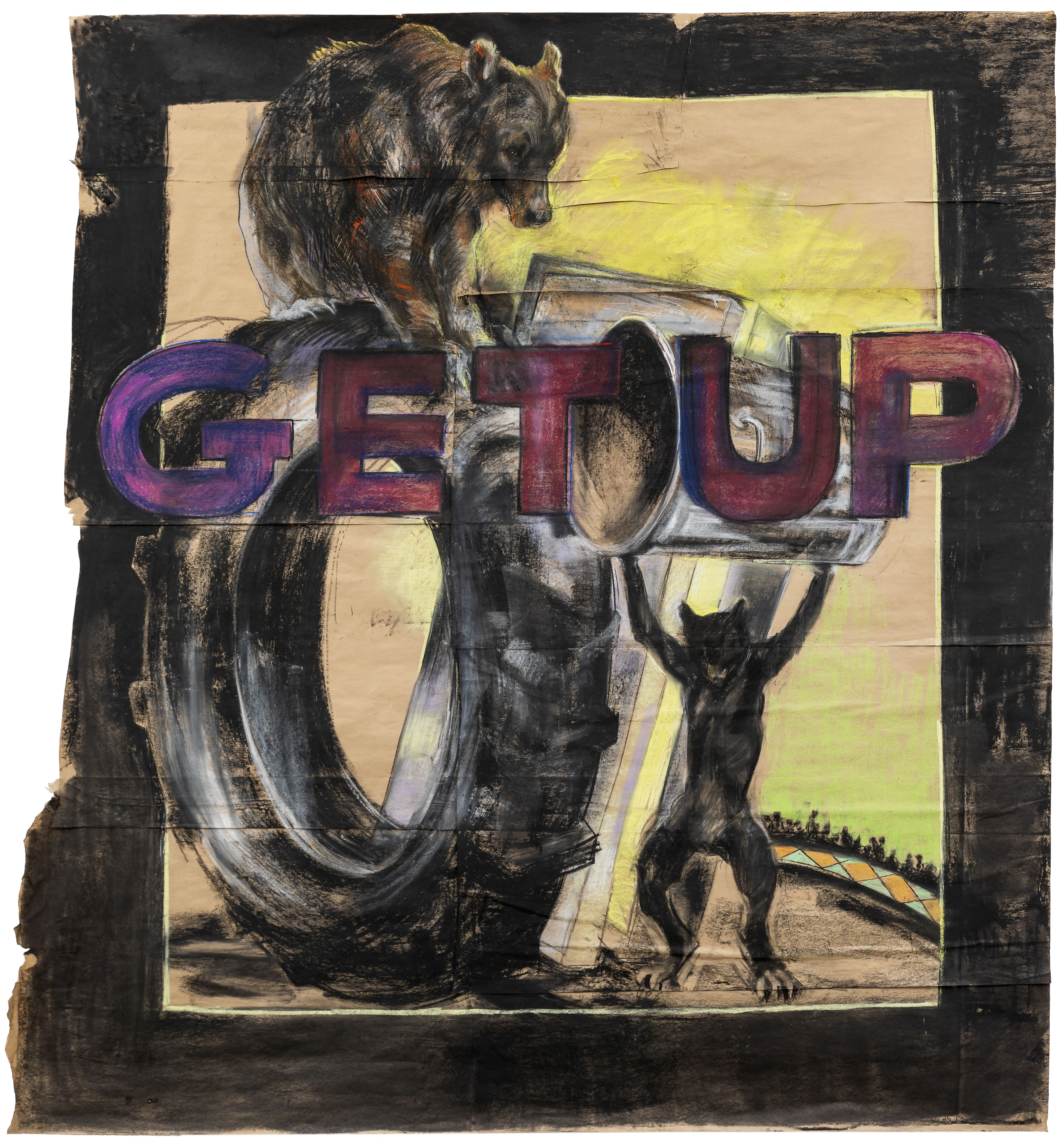 fine art work on paper showing a black cat holding a garbage can above its headand a bear on a tire and read GET UP