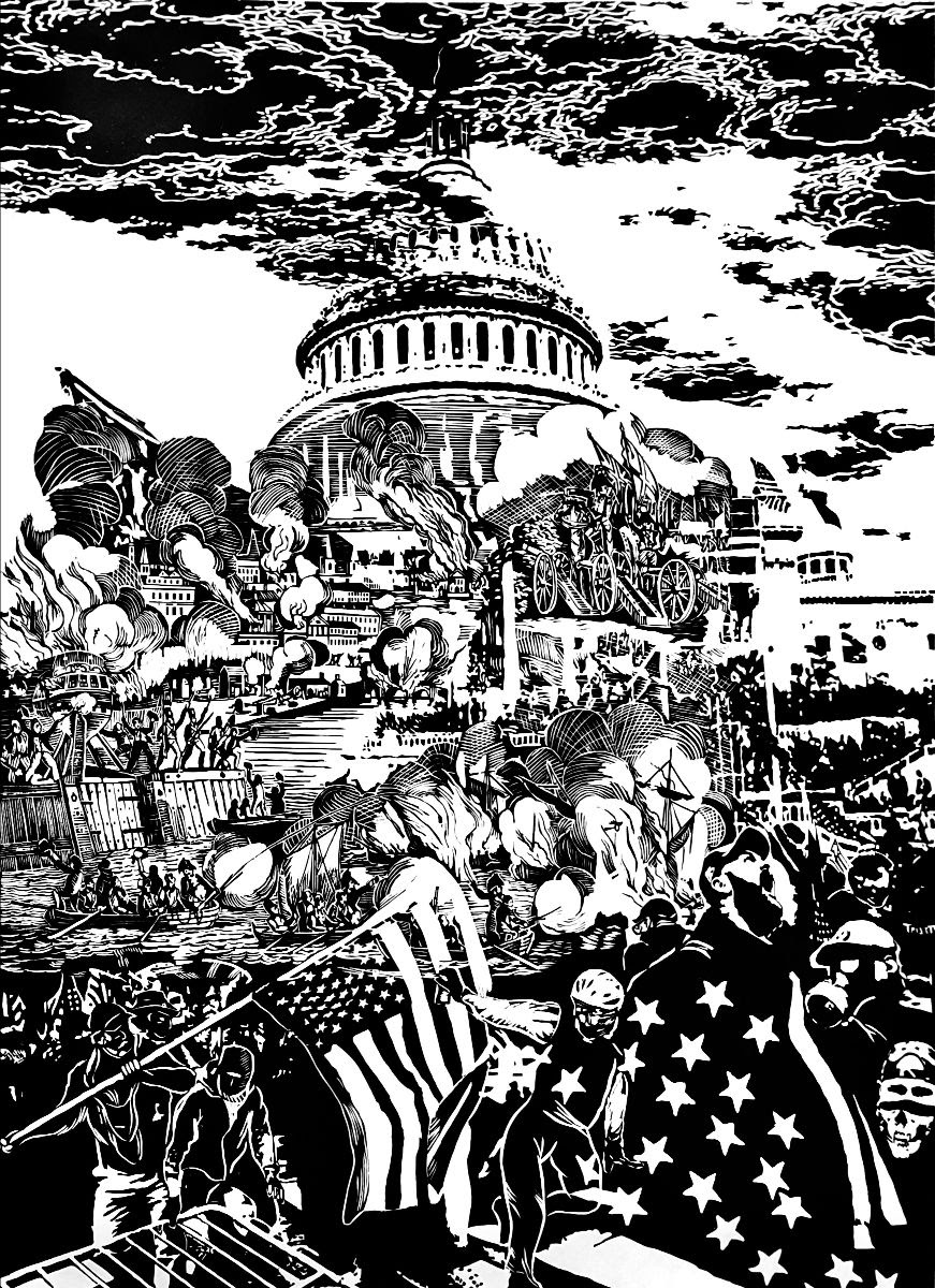 fine art print image showing a depiction of the attack on the capitol building in washington dc