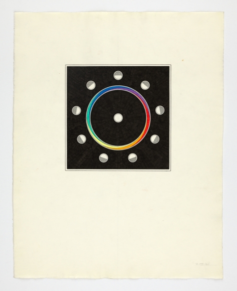 black square with white dots surrounding a circle of blended color wheel.  Untitled, 1965 Ink and acrylic 