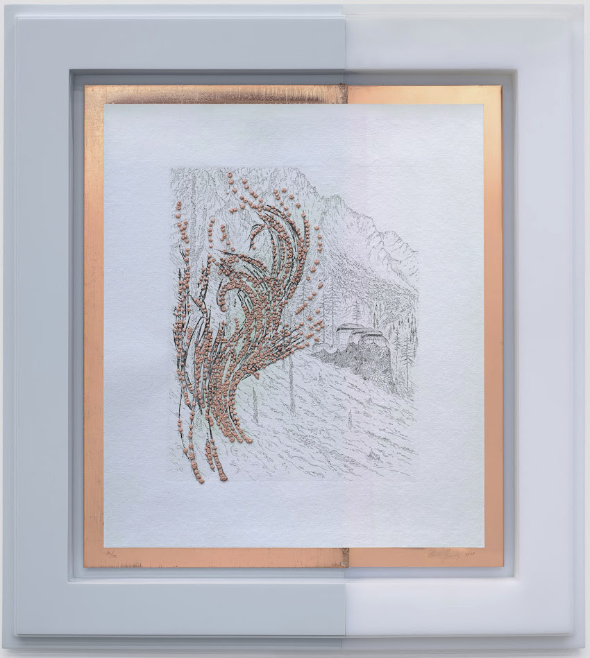 fine art print image Matthew Barney, Defensible Space, 2019 - 2021. Etching on hand-dyed paper with electro formed copper in high-density polyethylene frame. 20 x 18 inches. Edition of 12. 