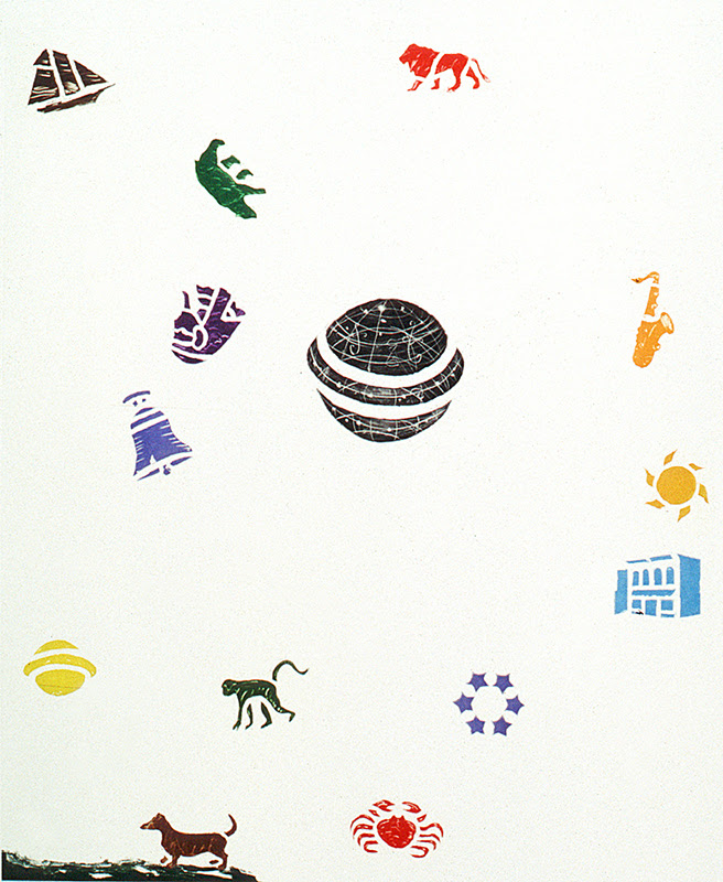 fine art print image of William T. Wiley Animal Music for the Spheres, 1996 Color aquatint Image size: 42½ x 35½"; paper size: 51¼ x 40¾". Edition 25.