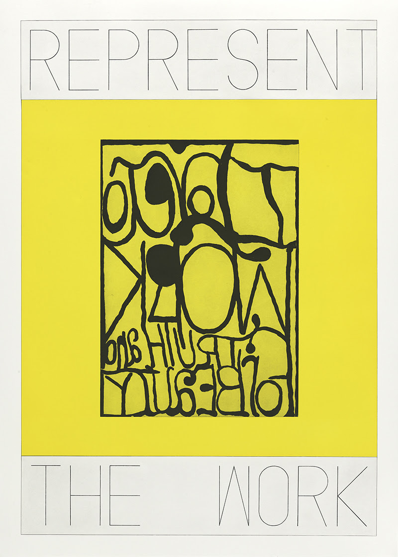 fine art print image Matt Mullican, REPRESENT THE WORK, I Love to Work for Truth and Beauty, 2020. Aquatint with sugar lift aquatint and soft ground and hard ground etching printed in yellow and black. Image size: 51½ x 35½" ; paper size: 56 x 40". Edition 8.