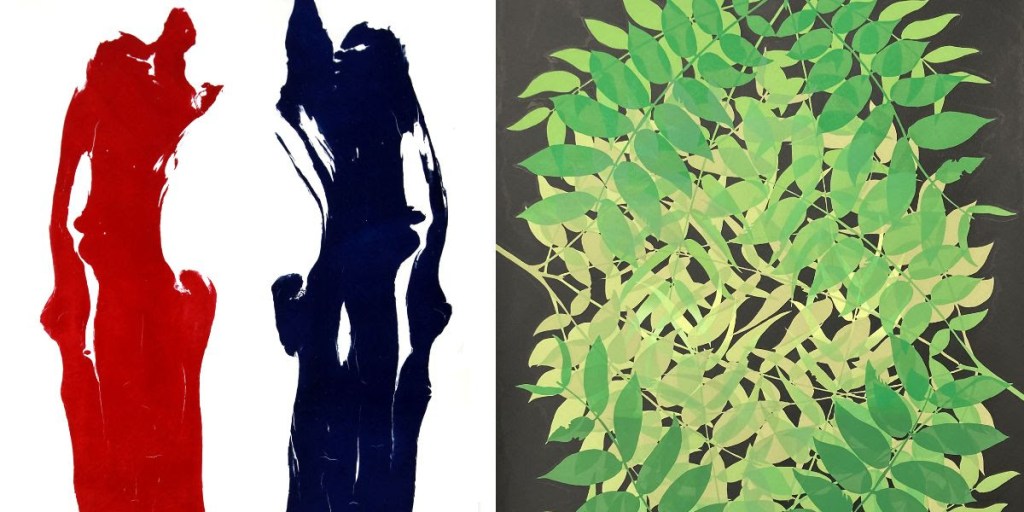 fine art print images of red and blue abstract brush strokes and leaves. Gaylord Schanilec, The Scream, Relief [Right}. Josh Winkler, Under Indiana Black Walnuts, Color woodcut [Left]