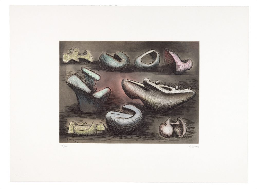 fine art print by Henry Moore, Sculptural Ideas 1, Etching and aquatint on Fabriano paper, 1980.