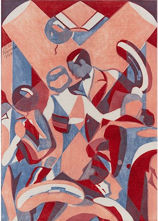 fine art print by Lill Tschudi, Foxtrot, 1930, linocut, three-color, 25.2 × 17.8 cm, Sammlung Glarner Kunstverein, © Estate Lill Tschudi