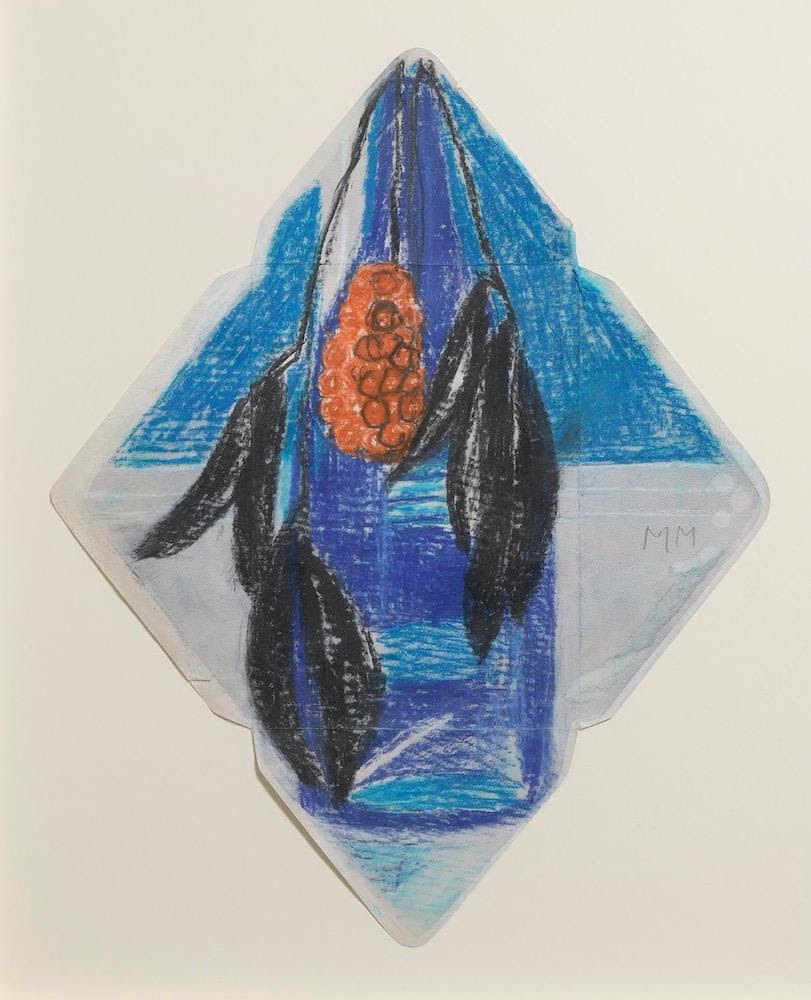 art work on paper by Margaret Mellis Black Leaves in Blue Bottle c.1990 Crayon on envelope 31 x 24 cm