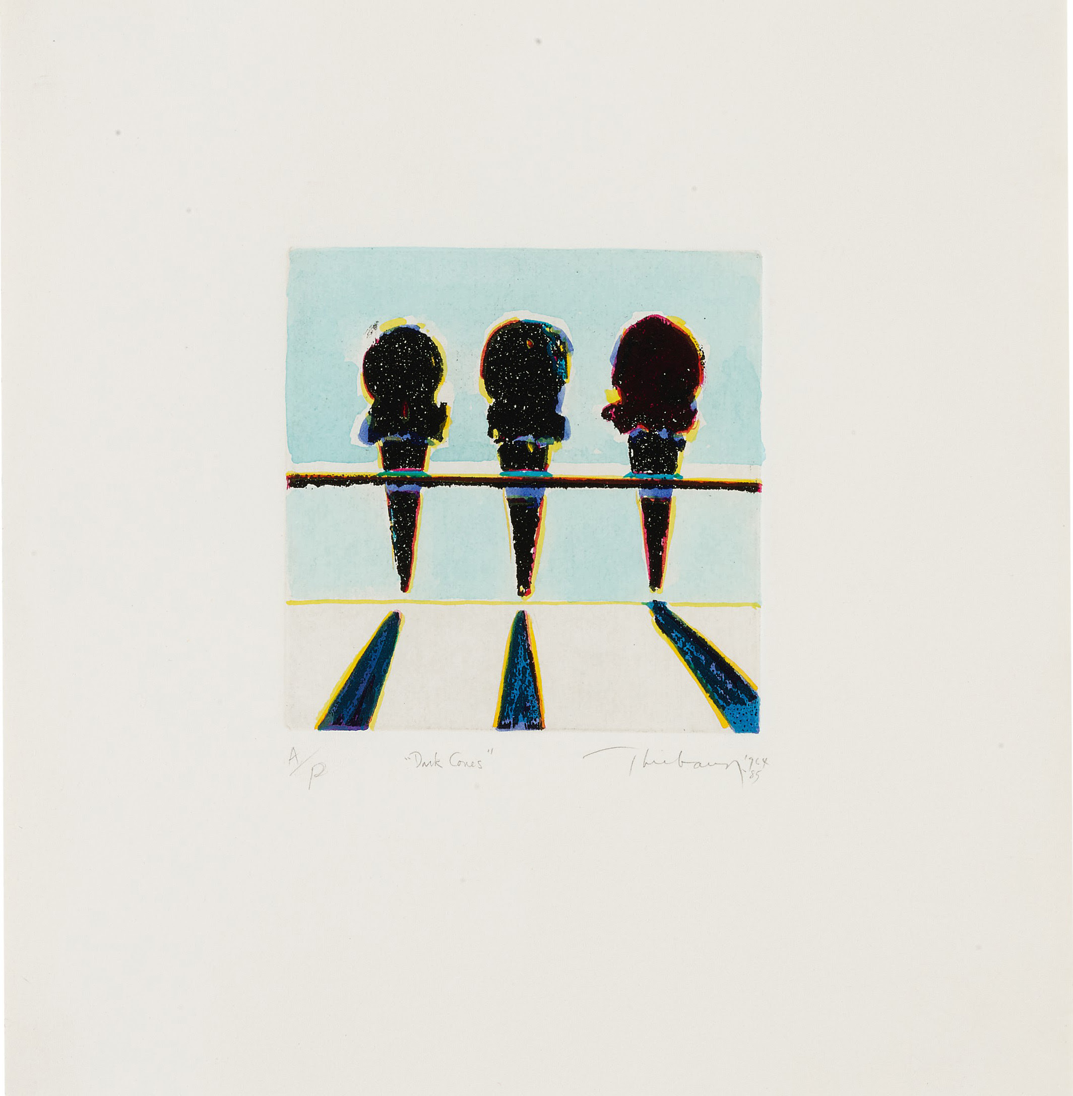 fine art print by WAYNE THIEBAUD. Dark Cones, 1964-85 Watercolor over etching, 11-1/2" x 11-1/8" (29.2 x 28.3 cm)